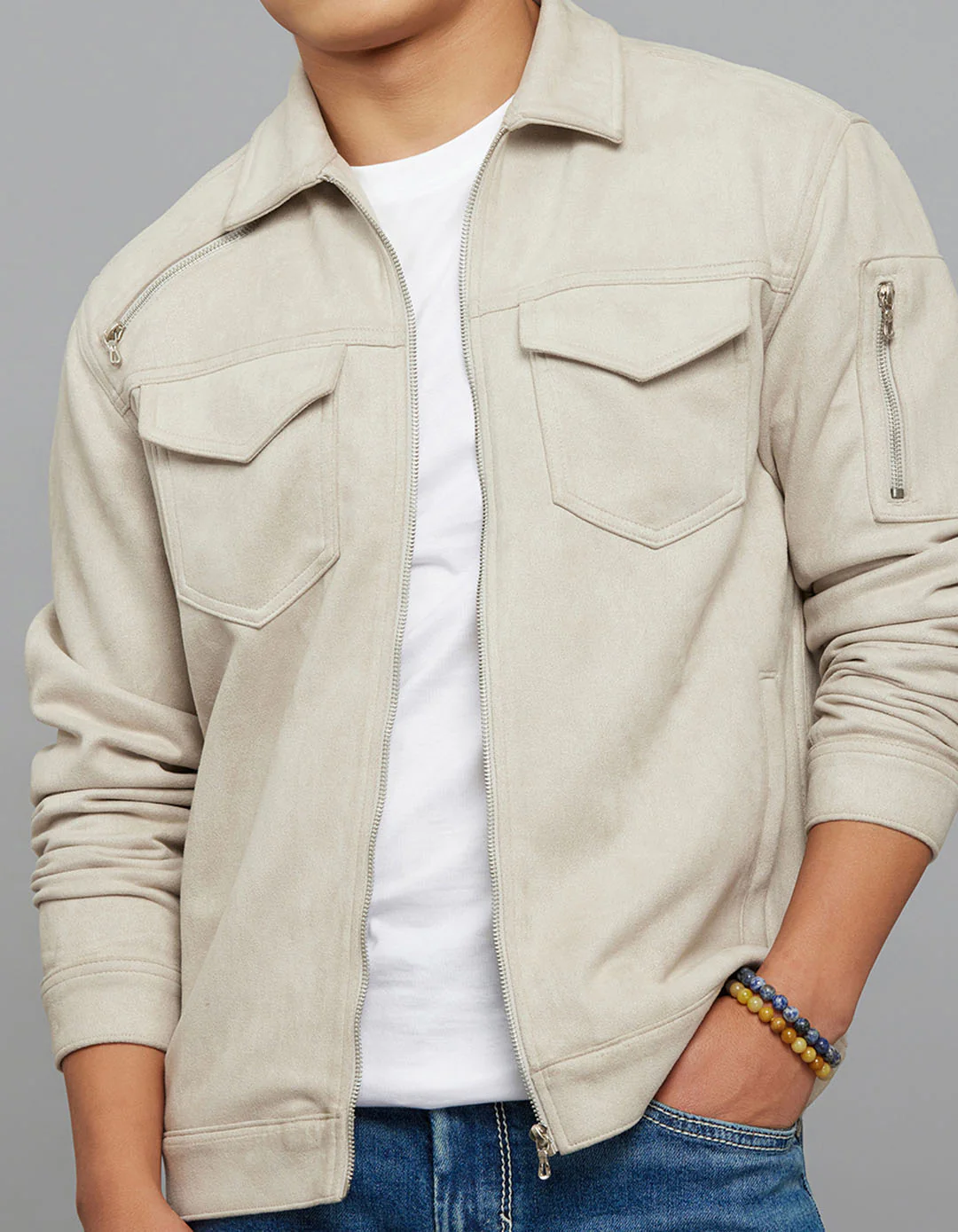 Stone Zipper Front Closure Long Sleeves Suede Jacket - Image 6